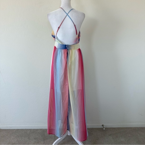 Cupshe NWT Colorful Rainbow Plunging Neckline Cross Back Maxi Dress Large - Picture 9 of 14